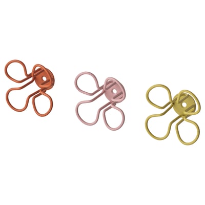 Three wire flower hooks in orange, pink, and yellow, inspired by swedish folk art.