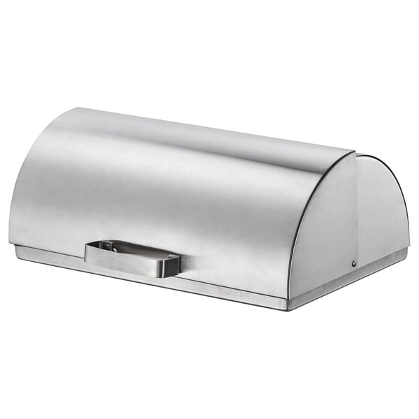 Silver ORDNING bread box with handle and seal for freshness.