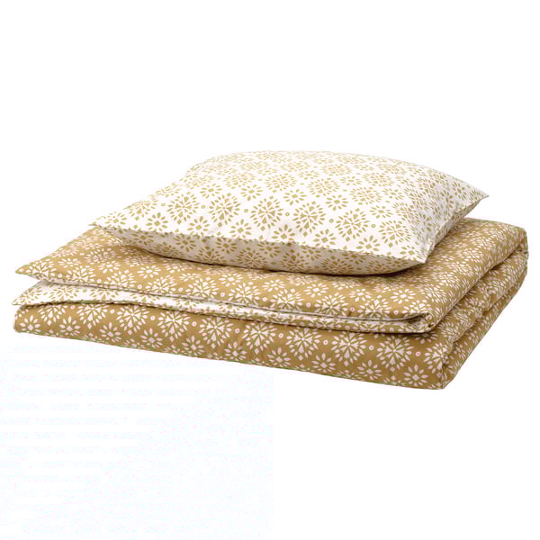 Beige ORMÄNGSFLY duvet cover with white floral pattern, reversible, soft cotton-viscose blend.
