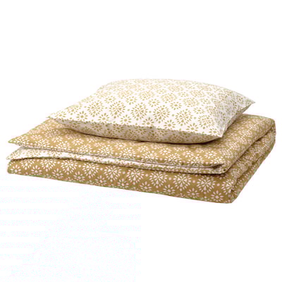 Beige ORMÄNGSFLY duvet cover with white floral pattern, reversible, soft cotton-viscose blend.