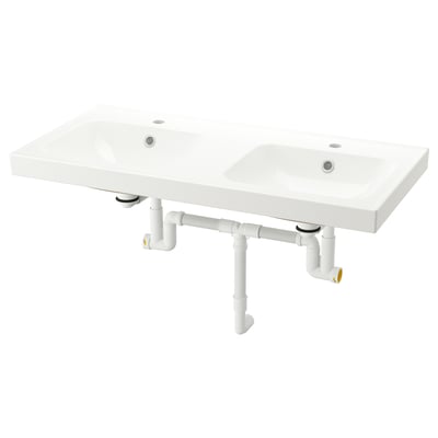 White double sink, sleek ceramic design, with visible pipe drainage.