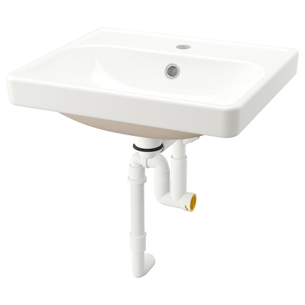 White wall-mounted sink, ORRSJÖN. Semi-recessed design, smooth edges. Made of ceramics. Includes drain system.