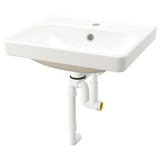 White wall-mounted sink, ORRSJÖN. Semi-recessed design, smooth edges. Made of ceramics. Includes drain system.