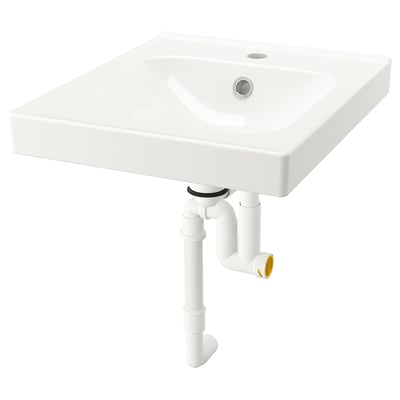 A white ORRSJÖN wash-basin. Square-shaped with smooth edges. It has a single drain hole. Attached is a white plumbing setup.
