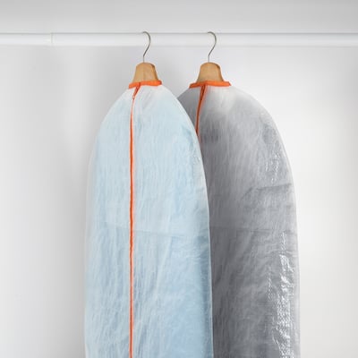 A white PÄRKLA clothes cover, slightly transparent, with a red zip for protecting garments from dust.