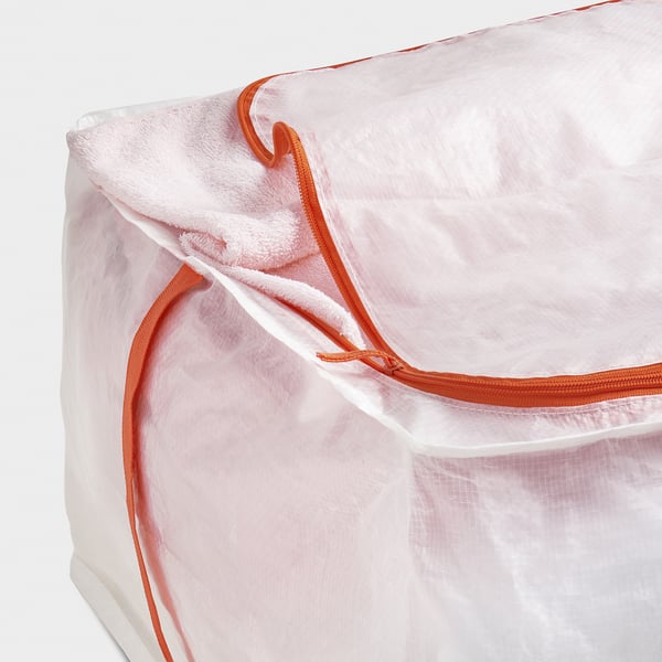 A large, see-through storage bag with orange zipper and handles, ideal for storing seasonal items.