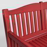 Red wooden bench backrest shown, featuring vertical slats and sturdy design.