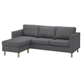 The PÄRUP sectional sofa in grey, with a modern l-shape, supported by wooden legs, designed for comfort and style.