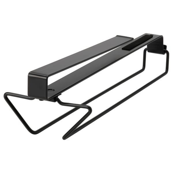 A black PÅLYCKE wine glass rack, made of powder-coated steel, designed to be mounted under shelves or cabinets to save space.