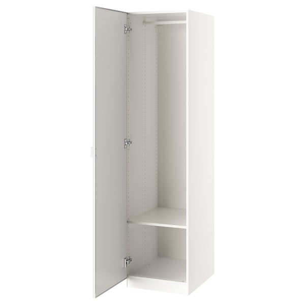 An ikea PAX wardrobe in white with an open door revealing a shelf inside.