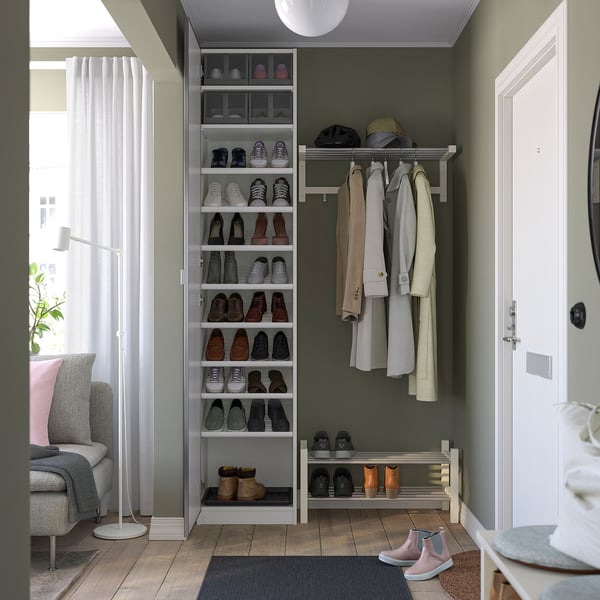 Shoe rack and coat hanger unit with adjustable feet and dampened hinges, usable in entryways or closets.