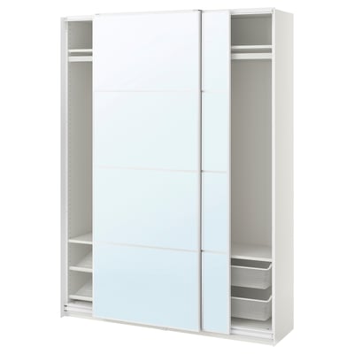 White PAX wardrobe with mirrored sliding doors, metal shelves, and mesh baskets.