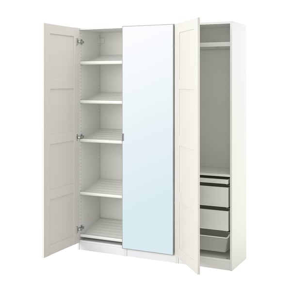 White PAX wardrobe with mirrored doors, metal shelves, and drawers for narrow spaces.