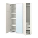 White PAX wardrobe with mirrored doors, metal shelves, and drawers for narrow spaces.