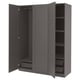 Black PAX wardrobe with open doors, revealing shelves and rail; modern, sleek design.