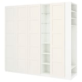 White PAX wardrobe set; closed and open sections on left, fully open shelves on right, sleek and modern design.