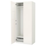 White PAX wardrobe with one door open, revealing interior shelves and a mesh basket.