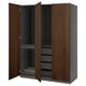 Modern PAX wardrobe in dark brown wood, with gray interior, open doors, shelves, and drawers.