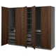PAX wardrobe: wooden, brown doors open to dark shelves. Metal mesh basket, drawers, and glass shelves inside.