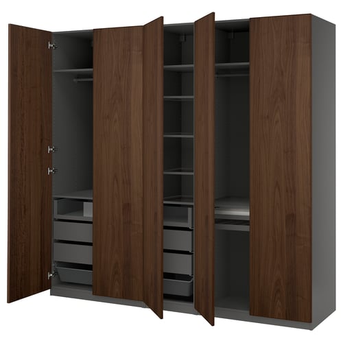 Open wooden wardrobe, brown, rectangular, with shelves and drawers.