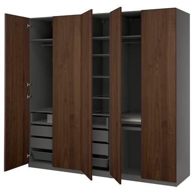 Open wooden wardrobe, brown, rectangular, with shelves and drawers.