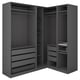 Dark gray corner wardrobe with drawers and shelves.