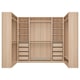 PAX wardrobe: light wood, multiple shelves, drawers, open design.