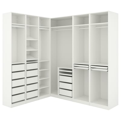 Displays an ikea PAX wardrobe in white, featuring a combination of shelves and drawers.