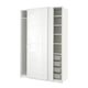 A white ikea PAX wardrobe with sliding doors and interior shelves. It is sleek, modern, and made of glass and metal.