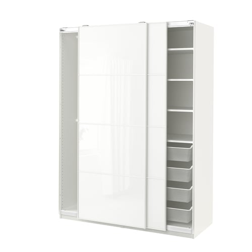 A white PAX wardrobe with glass doors and mesh baskets.