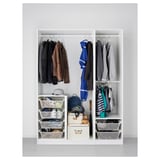 White PAX wardrobe with clothes, folded items, and storage boxes. Adjustable feet and dampers.