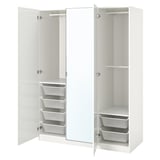 White PAX wardrobe, mirror doors, mesh baskets, adjustable, soft-closing hinges.