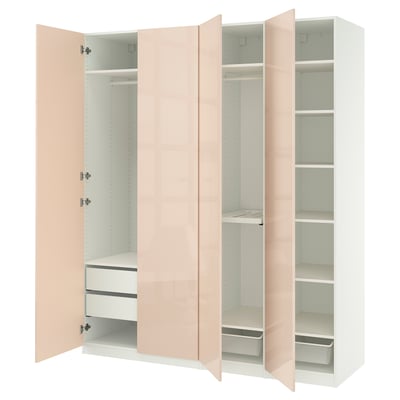 PAX wardrobe: light pink, wooden, tall, four-door, shelves inside.