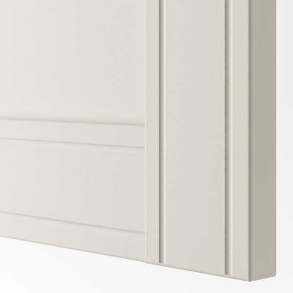 Close-up of white cabinet, panel detail with smooth finish and groove texture.