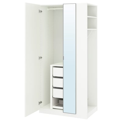 A white IKEA PAX wardrobe with mirrored doors, showcasing its storage compartments and hanging space.