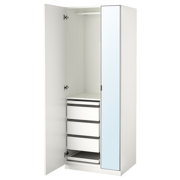 A white ikea PAX wardrobe with mirrored doors, open to reveal shelves and drawers.