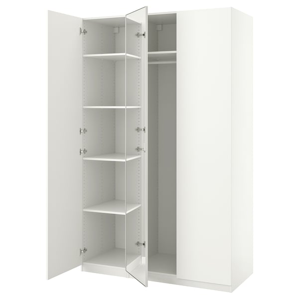 White PAX wardrobe with mirrored doors, adjustable shelves, and soft-close hinges.