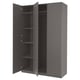 A grey ikea PAX wardrobe with two open doors, revealing inner shelves.