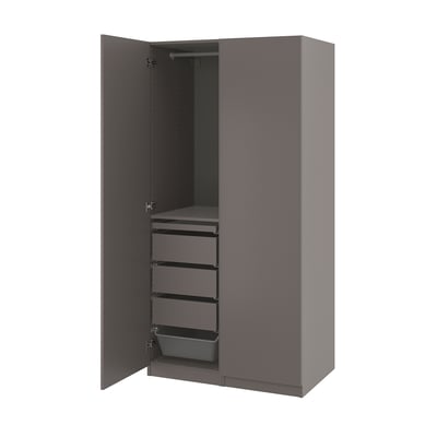 Gray PAX wardrobe with open door showing hanging rod and drawers.