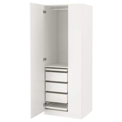 White PAX wardrobe, open showing shelves and drawers, minimalist design.