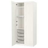 A white ikea PAX wardrobe with open doors, revealing shelves and mesh drawers.