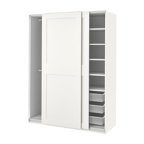 Its a white ikea PAX wardrobe with sliding doors. It a sleek, minimalist design with mesh baskets for storage.