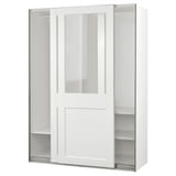 White PAX wardrobe with glass doors, sliding design, has adjustable feet.