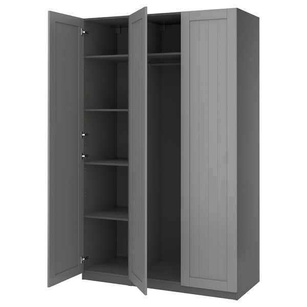 A grey ikea PAX wardrobe with open doors revealing empty shelves and a hanging rod inside.