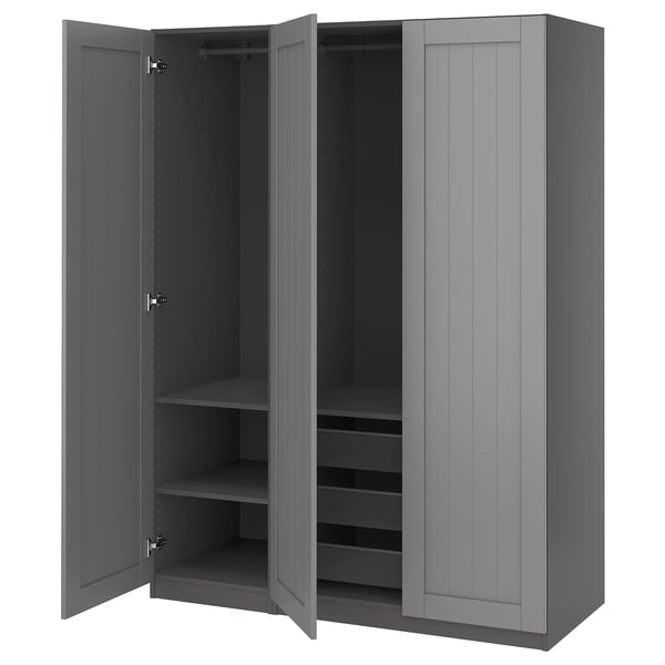 A gray PAX wardrobe with open doors, displaying shelves and a mesh basket.