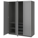 A gray PAX wardrobe with open doors, displaying shelves and a mesh basket.