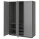 A gray PAX wardrobe with open doors, displaying shelves and a mesh basket.