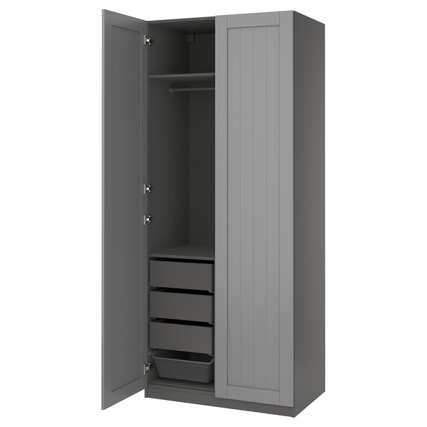PAX gray wardrobe with shelves and drawers open.