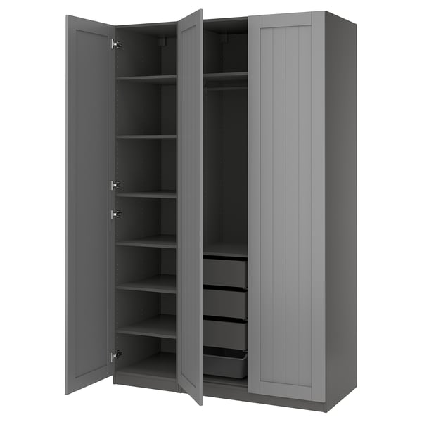 A gray PAX wardrobe with open doors, revealing shelves and a mesh basket.