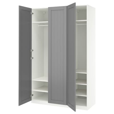 An open, gray, modern wardrobe with multiple shelves.